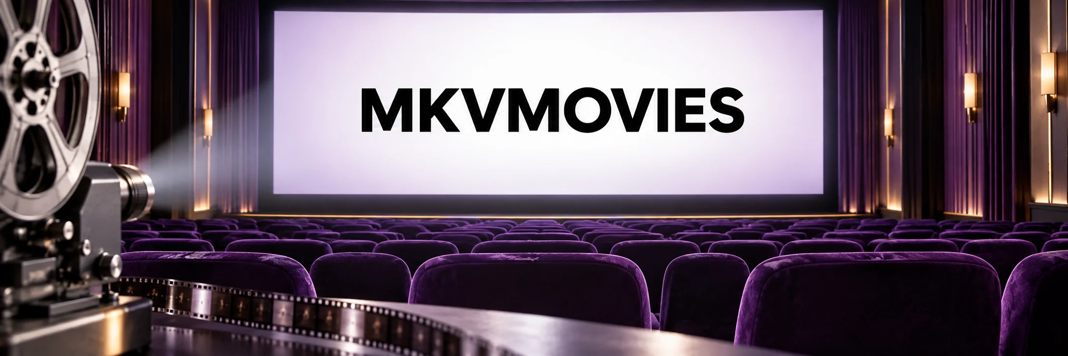 MKVMOVIES on a bright cinema screen above rows of purple seats